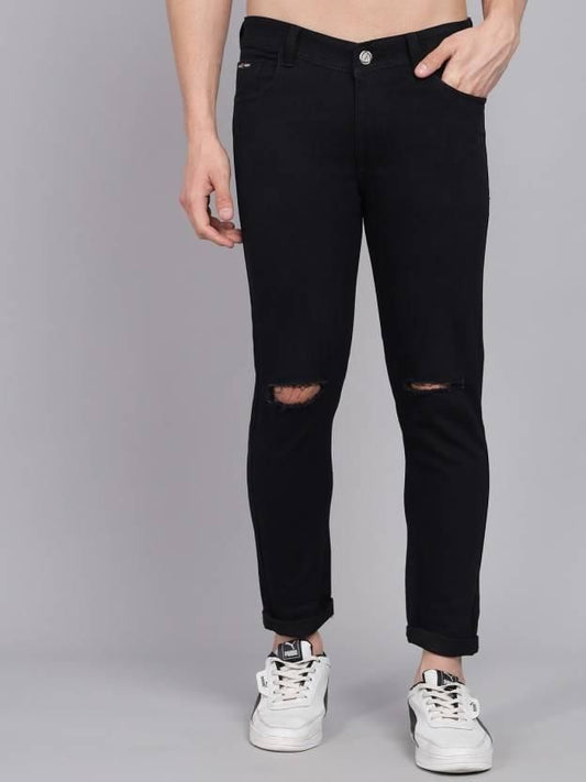 FUDE PRIDE Men's Slim Fit Mid Rise Distressed Black Jeans