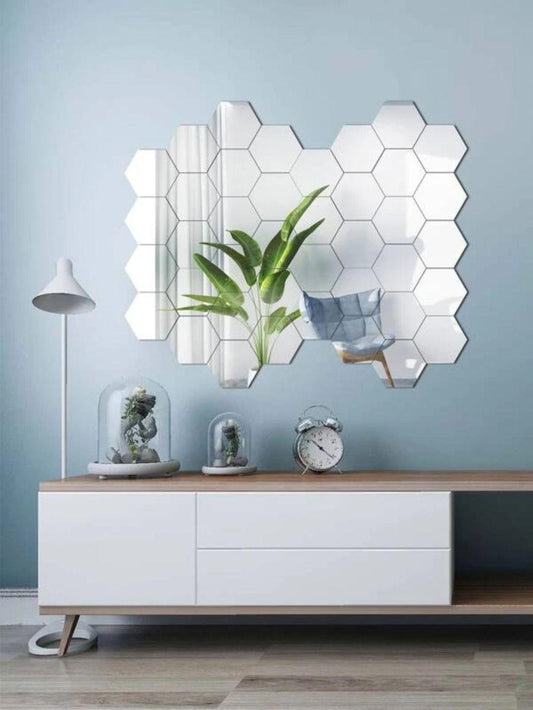WallDaddy Mirror Stickers For Wall Pack Of 40 Hexagon Silver Color Flexible Mirror Size (10x12)Cm Each Hexagon