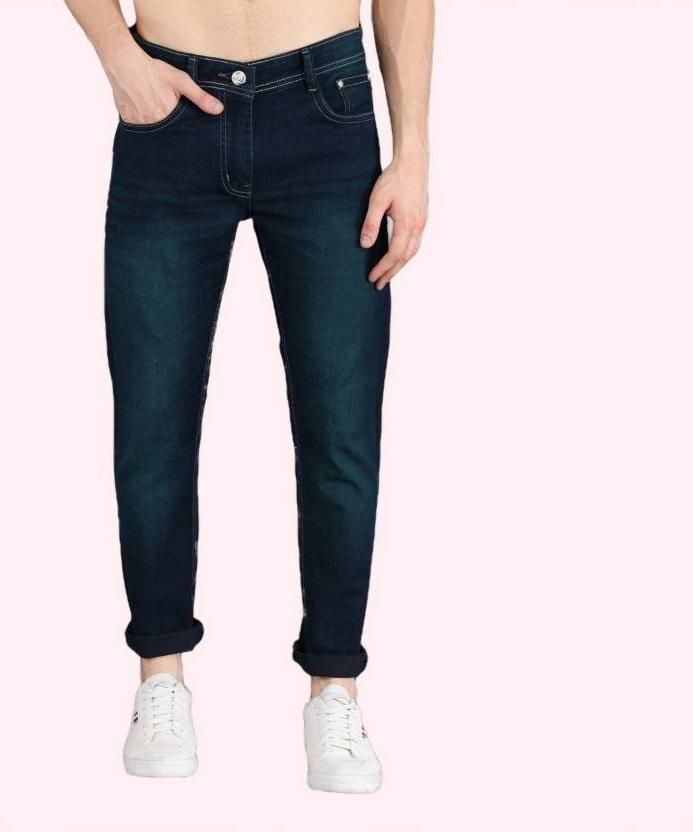 FUDE PRIDE Men's Slim Fit Mid Rise Solid Navy Blue Jeans