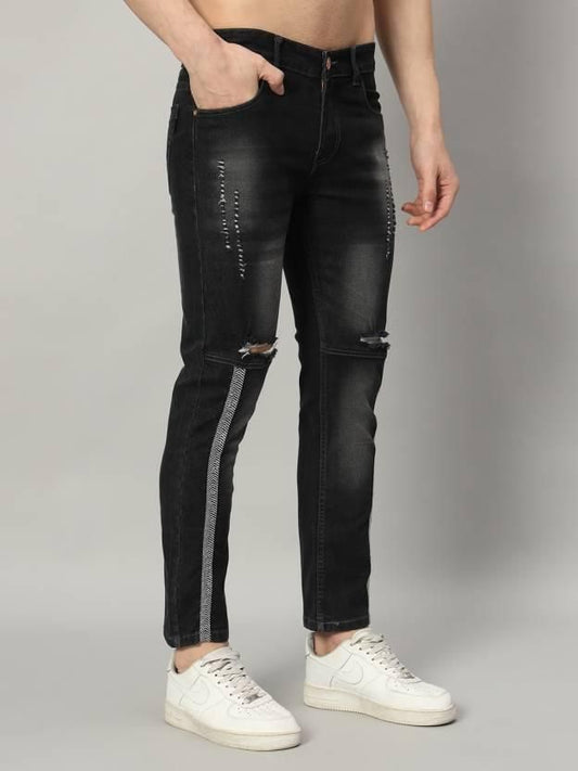 FUDE PRIDE Men's Slim Fit Mid Rise Distressed Grey Jeans