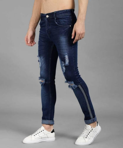 FUDE PRIDE Men's Slim Fit Mid Rise Distressed Navy Blue Jeans