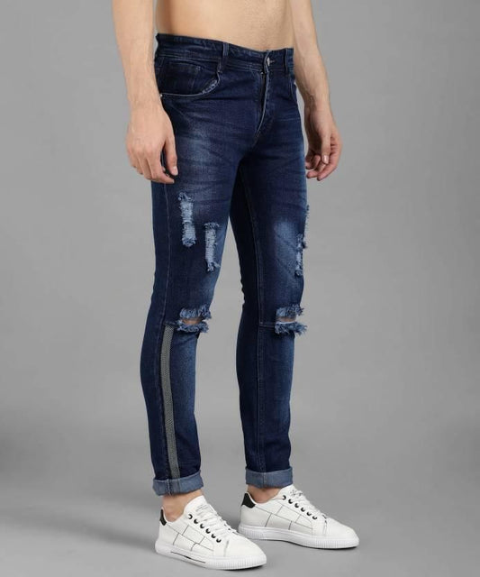 FUDE PRIDE Men's Slim Fit Mid Rise Distressed Navy Blue Jeans