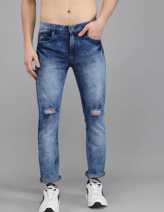 FUDE PRIDE Men's Slim Fit Mid Rise Distressed Blue Jeans